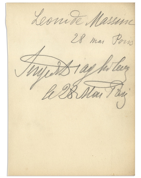 Sergei Diaghilev Autograph -- Also With the Autograph of Leonide Massine, Diaghilev's Choreographer for the Ballets Russes